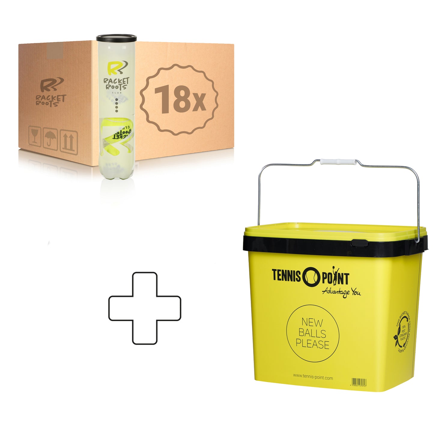 Racket Roots 18 tubes de 4 Club Tennisball + seau à balles Racket Roots 18 tubes de 4 Club Tennisball + seau à balles
