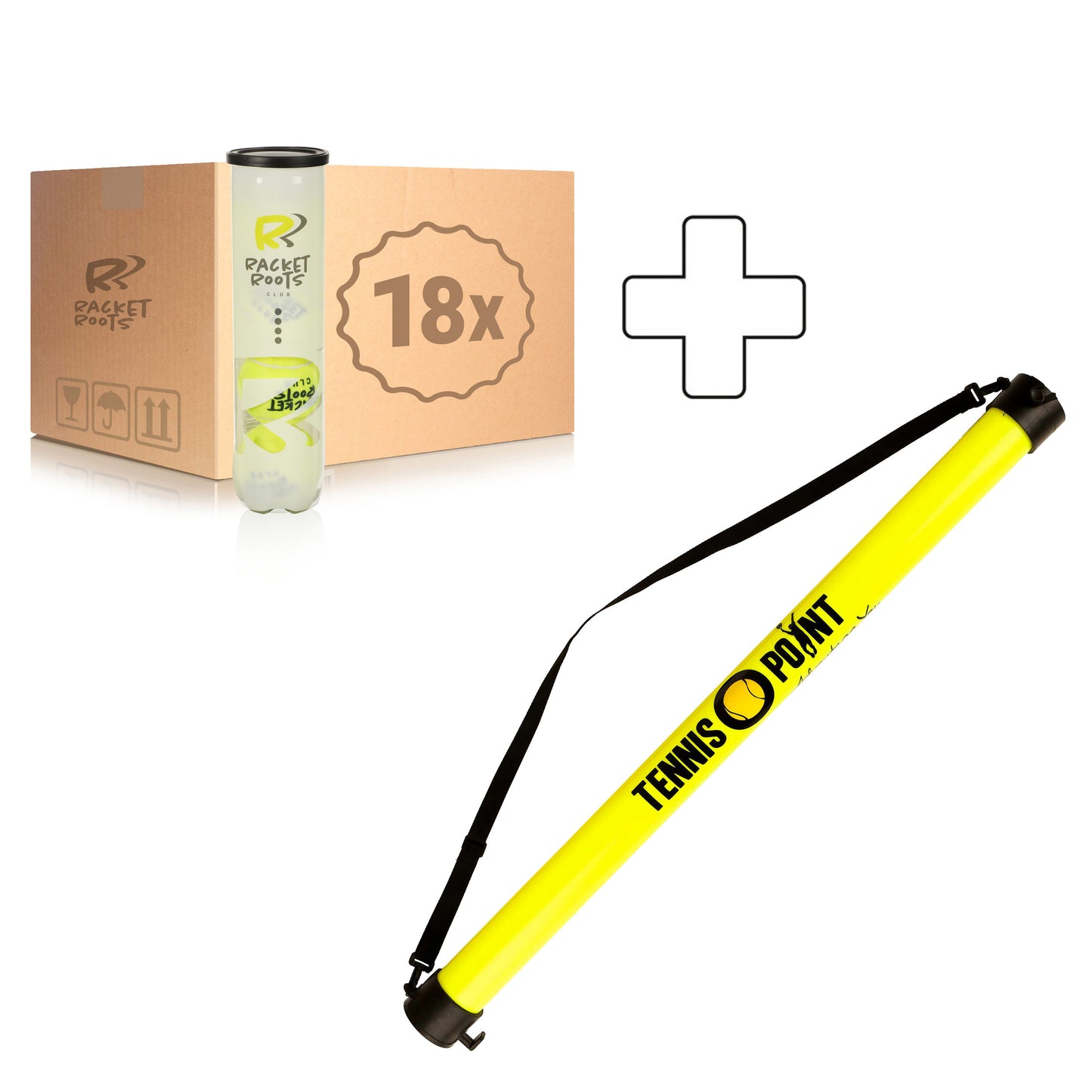 Racket Roots 18 tubes de 4 Club Tennisball + ramasse balles forme tube Racket Roots 18 tubes de 4 Club Tennisball + ramasse balles forme tube