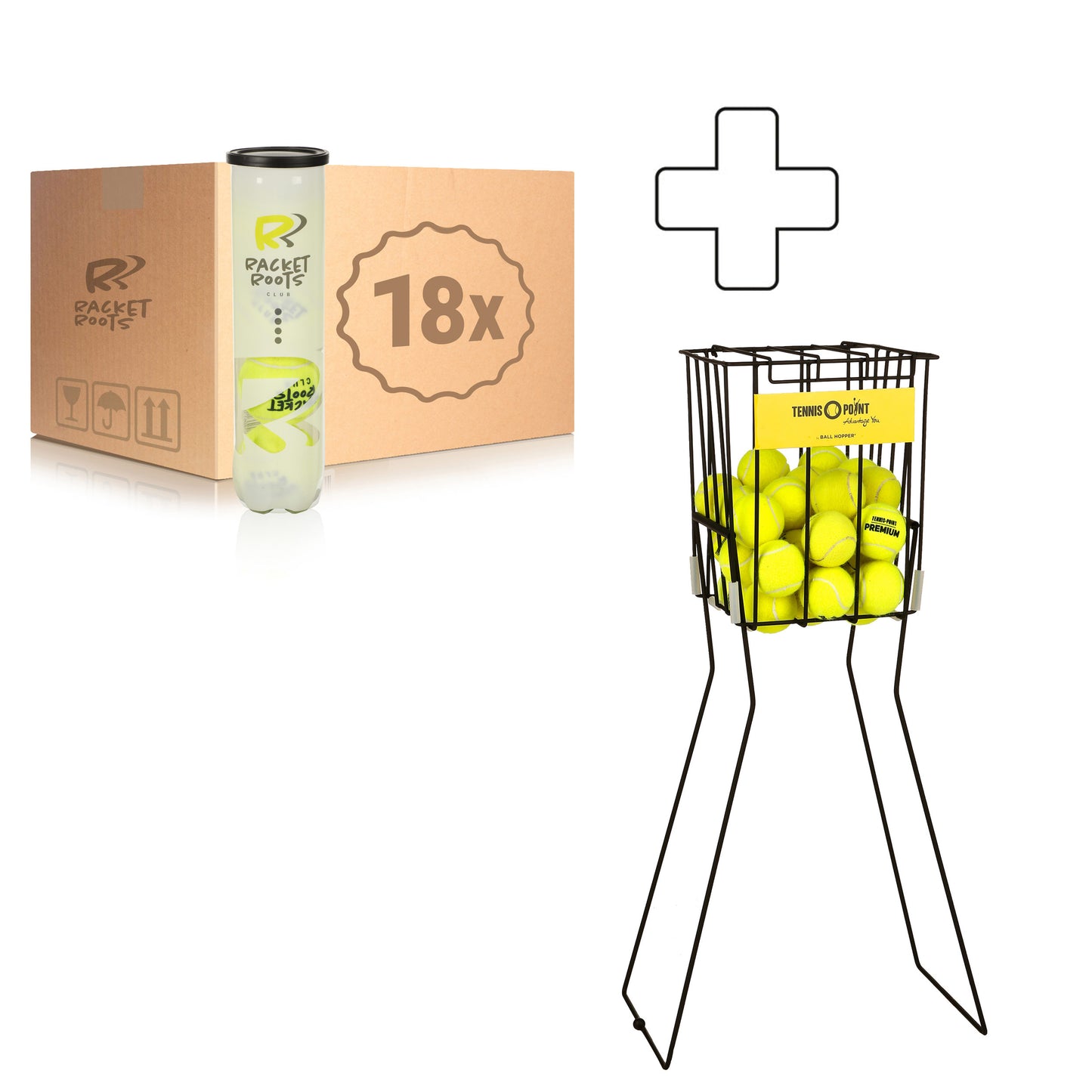 Racket Roots 18 tubes de 4 Club Tennisball + panier ramasse balles Racket Roots 18 tubes de 4 Club Tennisball + panier ramasse balles