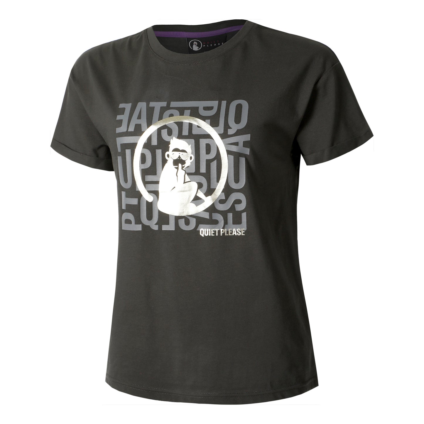 Quiet Please Glitter Word Salad T-shirt Dames-Antraciet