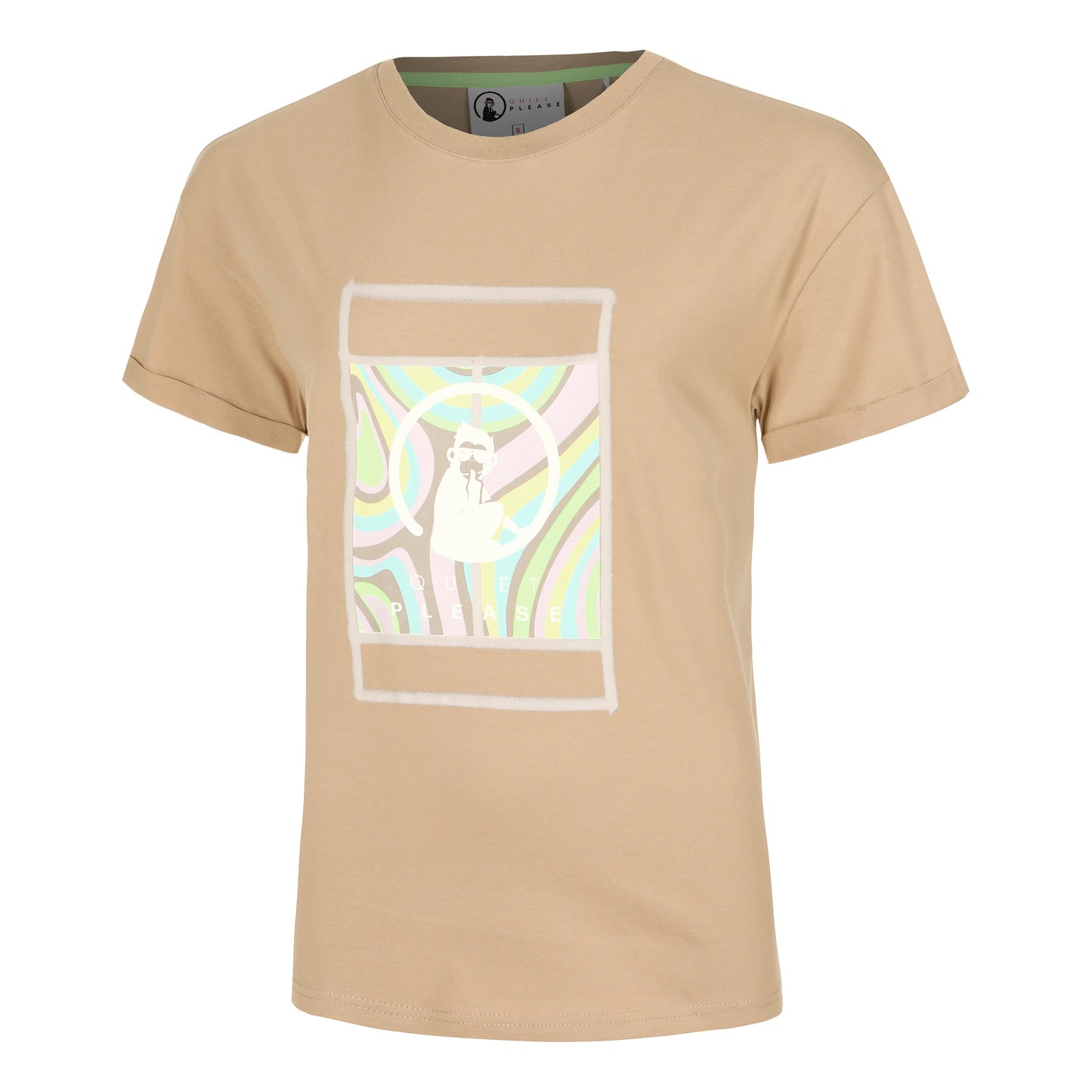 Quiet Please Wild Swirl Court T-shirt Femmes-Beige,Multicouleur